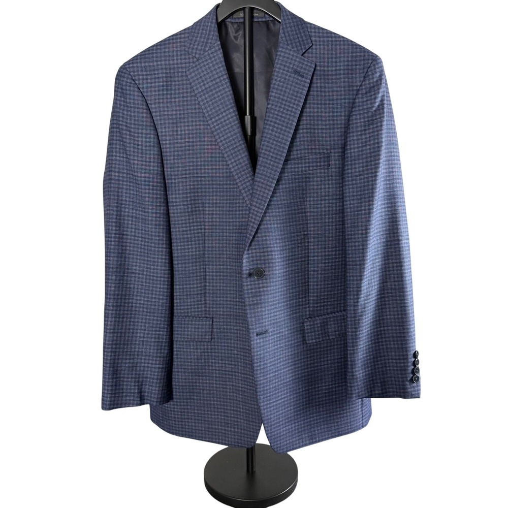 Calvin Klein Mens 40R Blue Micro Check 100% Wool 2-Button Suit Jacket Blazer